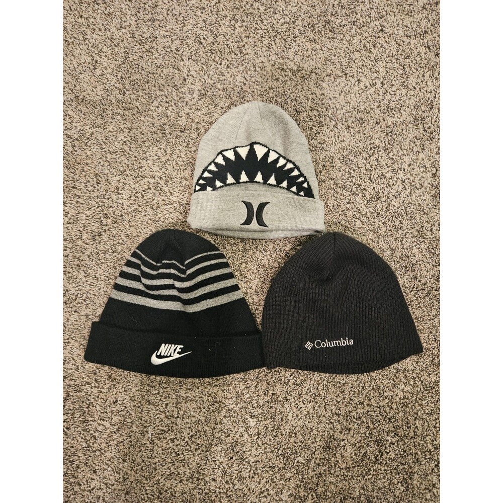 Boys Beanie Lot Of 3 Nike Hurley Columbia Black Gray One Size Youth